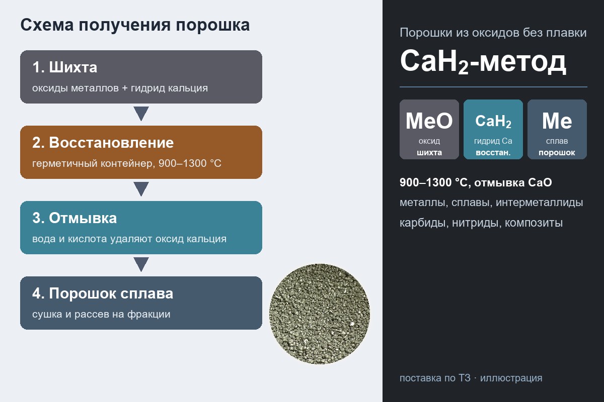 Схема гидридно-кальциевого метода: шихта, восстановление, отмывка, порошок сплава