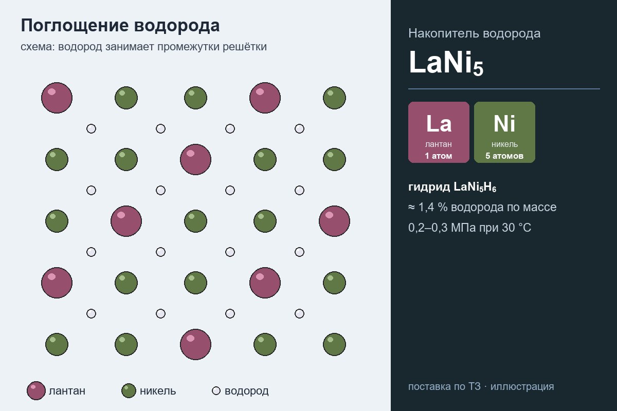 Схема поглощения водорода интерметаллидом LaNi5: водород в промежутках решётки